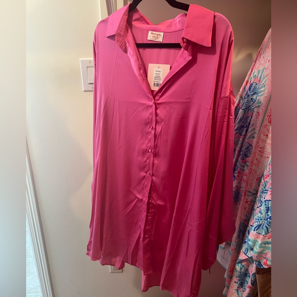 Showpo Silk/Satin Pink Button Up Dress Size 12 NWT